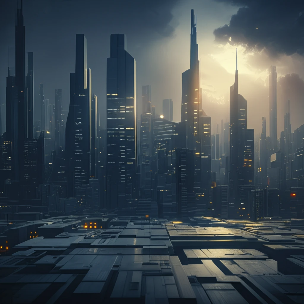 Futuristic cityscape with nanoplates symbolizing technological innovation.