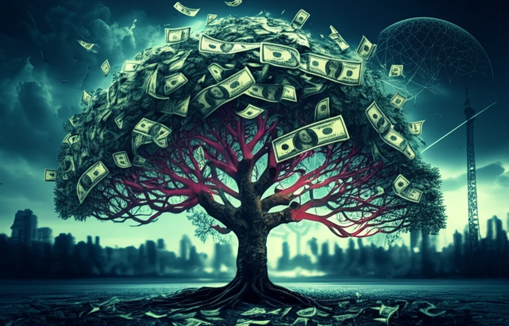 Digital illustration of a value creation tree with global network background.
