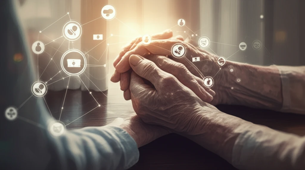 Elderly hands intertwined with younger hands, symbolizing care and support.