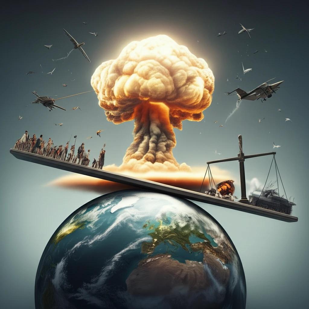 A seesaw depicting the balance between humanity and global threats, symbolizing the cost of intervention and potential lives saved.
