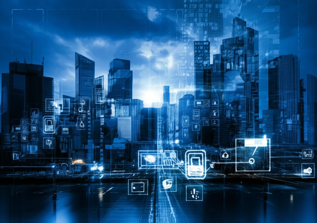 Futuristic cityscape with glowing HVAC system diagrams, symbolizing intelligent climate control.