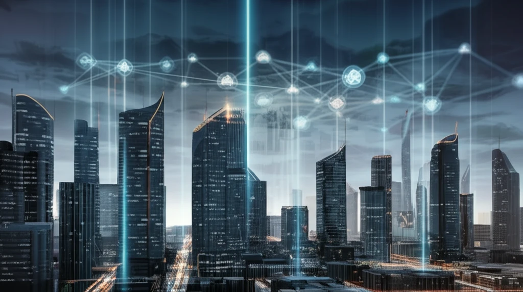 Interconnected glowing nodes above a futuristic cityscape.