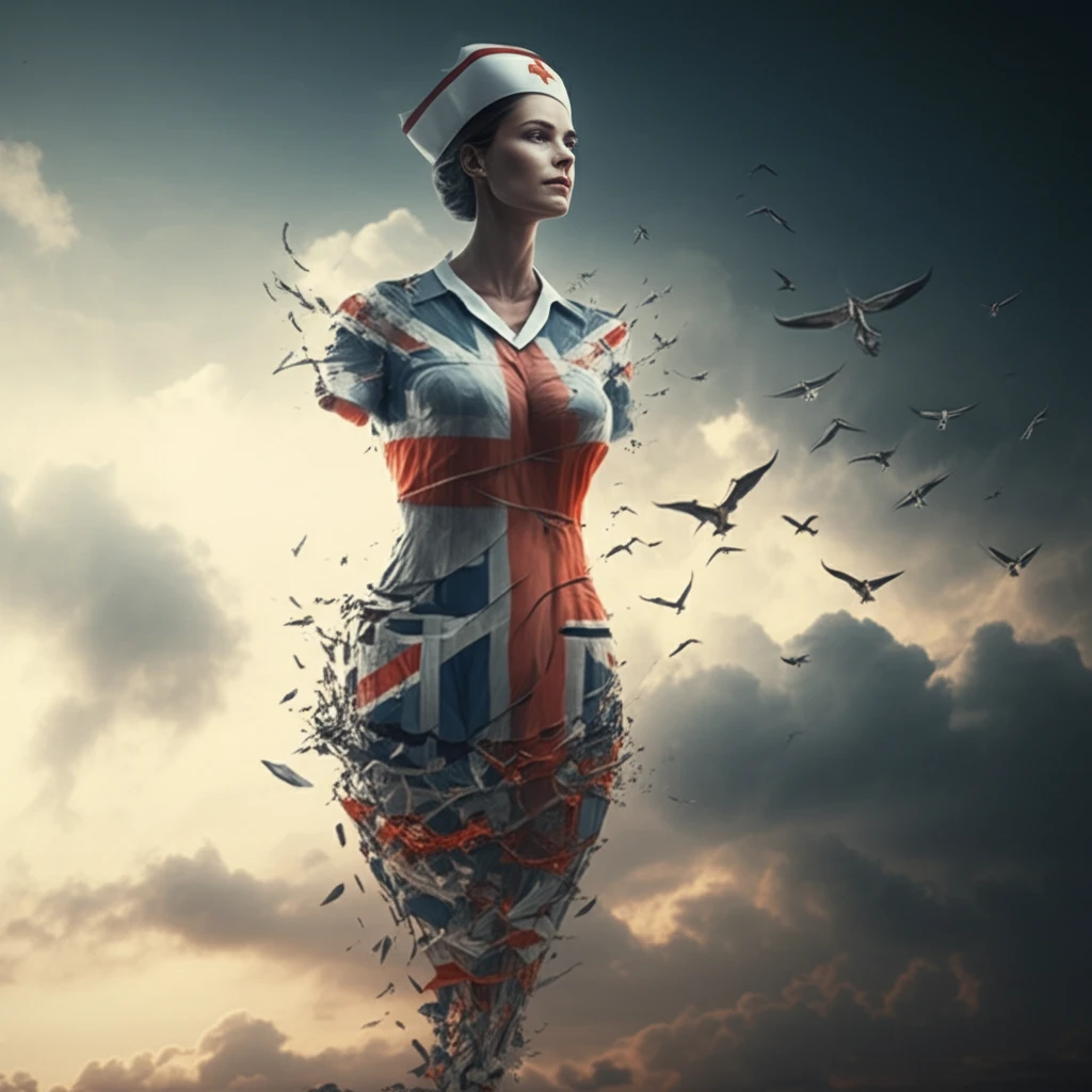Fractured British flag transforming into a nurse's uniform