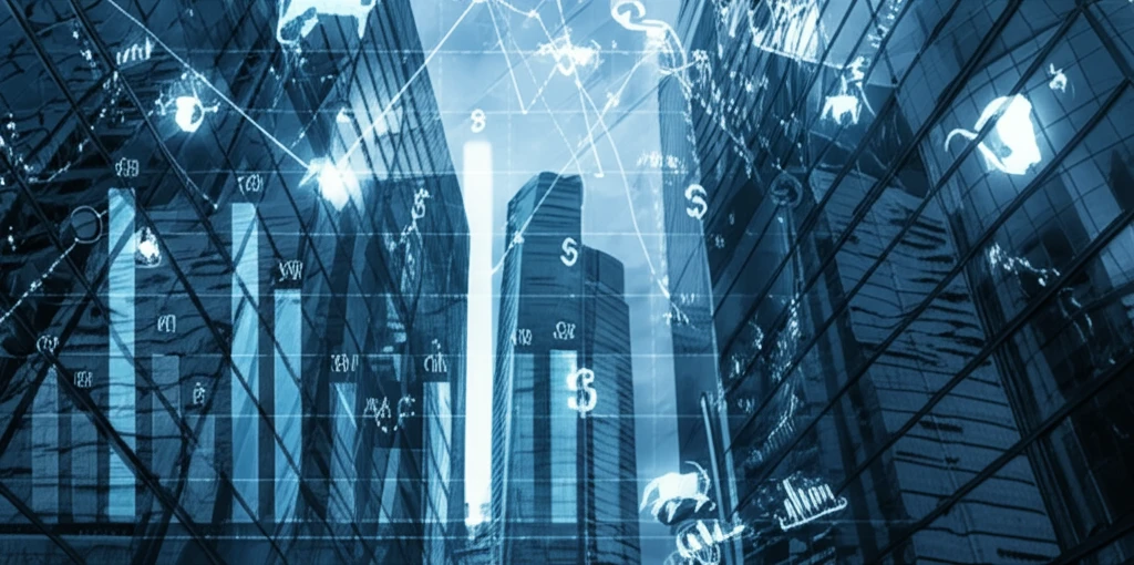 Financial Cityscape: A surreal illustration blending urban architecture with financial charts, symbolizing the dynamic interplay of urban life and economic forces.