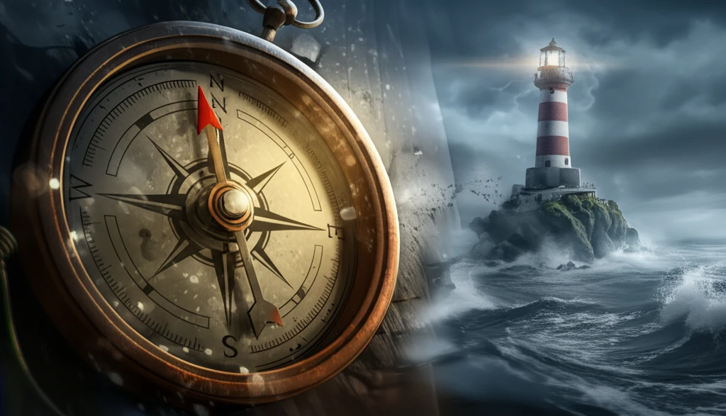A compass pointing towards a lighthouse in a stormy sea, symbolizing the search for truth in research.