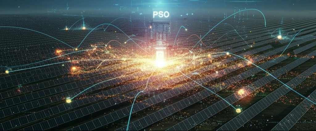 Solar panels with glowing particles swirling around a central inverter