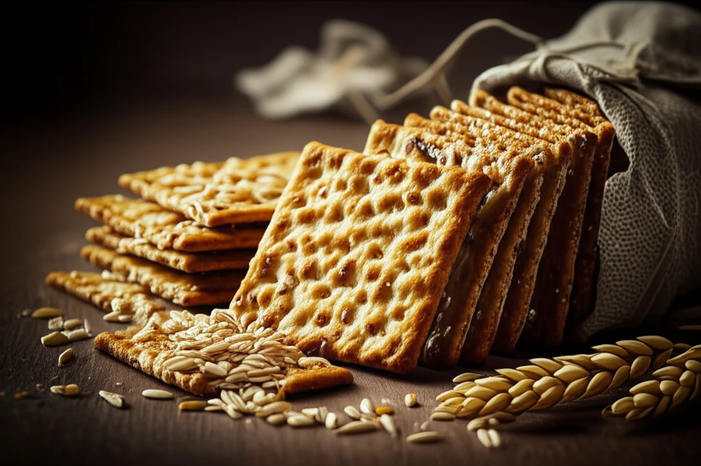 A stack of golden-brown rice crackers, symbolizing a healthy and nutritious snack choice.