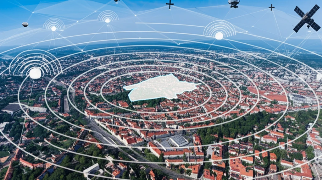 Surreal illustration of Zagreb with GPS satellites and radar waves.