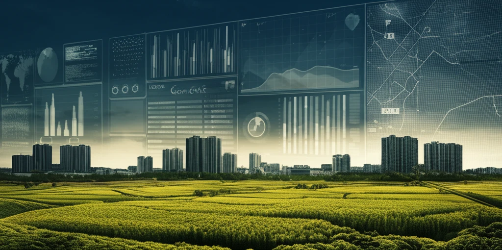Urban landscape merging with green farmlands, symbolizing sustainable development.