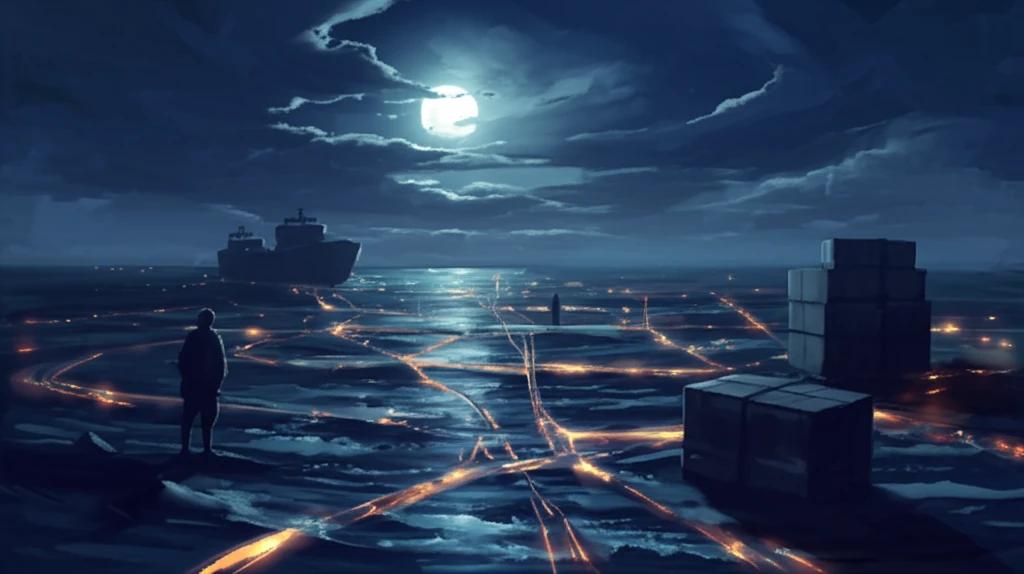 Surreal illustration of trade routes and shadowy figures symbolizing trafficking's role in global capitalism.