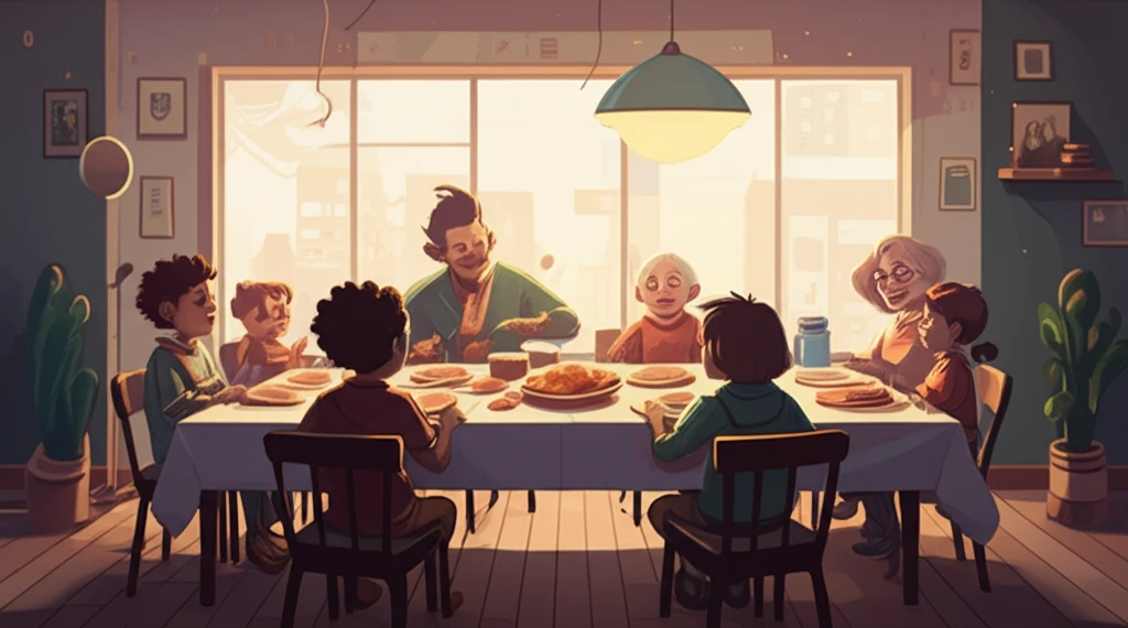 A diverse family at the dinner table enjoying a meal together.