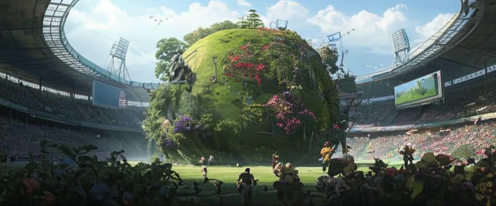 Football stadium intertwined with a blooming garden, symbolizing sports and environmental balance.
