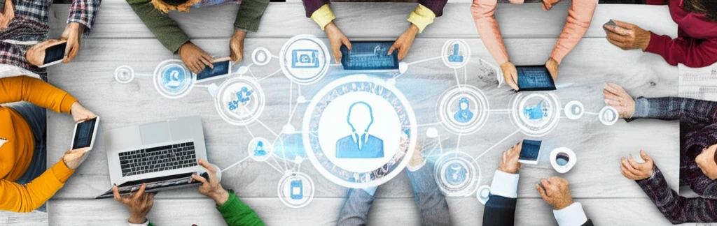 Diverse group connecting through technology to support a nonprofit mission