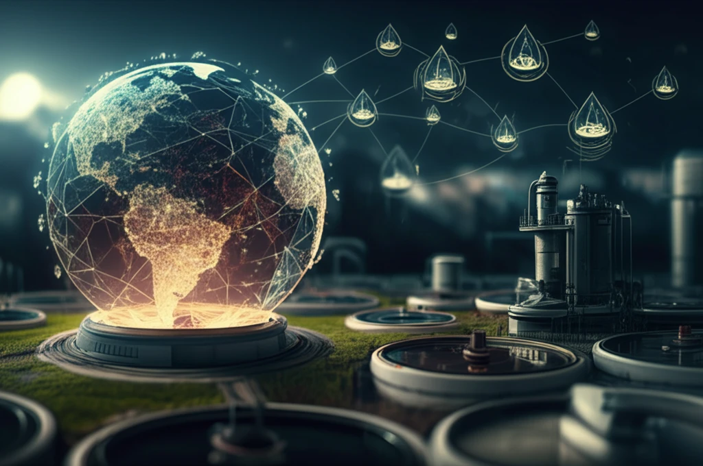 Interconnected water droplets forming a global network with water treatment plants.