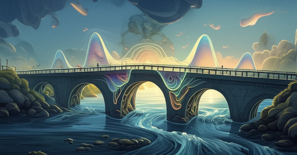 Surreal illustration of a bridge with vibration waves, symbolizing innovative scour detection.