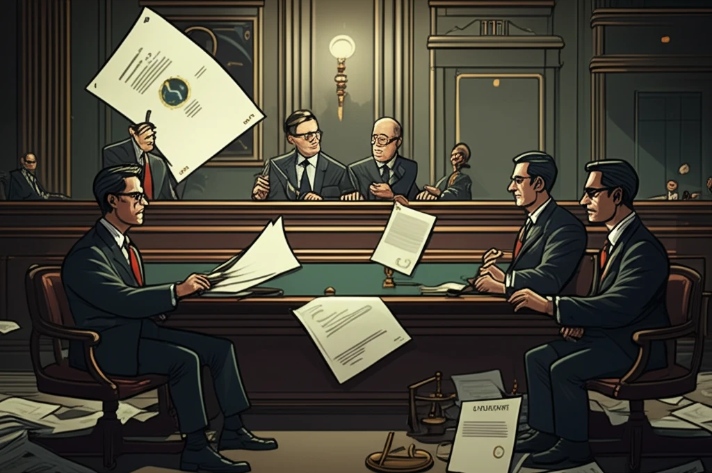 Negotiation table in a courtroom, symbolizing regulatory bargaining.