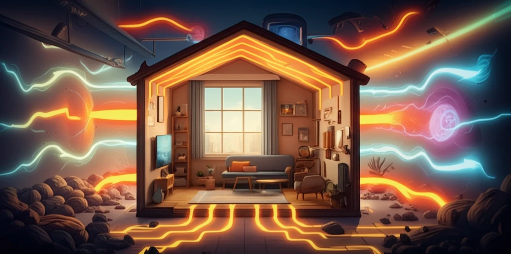 Cozy home with insulated walls showing heat flow.