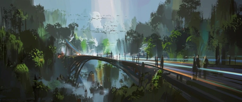 Futuristic bridge constructed with glowing carbon fiber strands symbolizing longevity and strength.