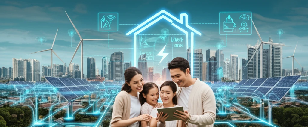 Smart city skyline with renewable energy integration and family using energy monitoring tablet