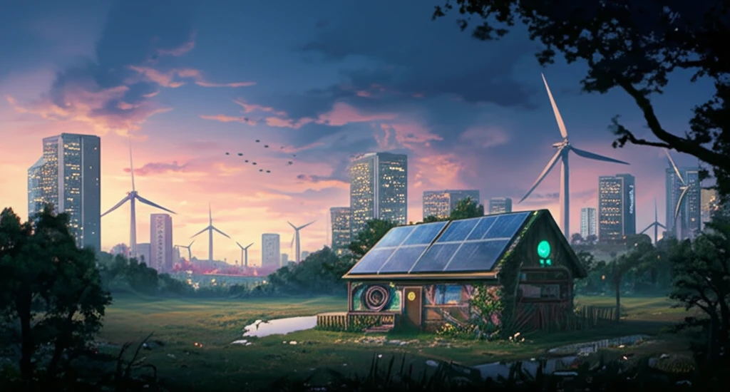 Futuristic sustainable home with integrated solar and wind energy.