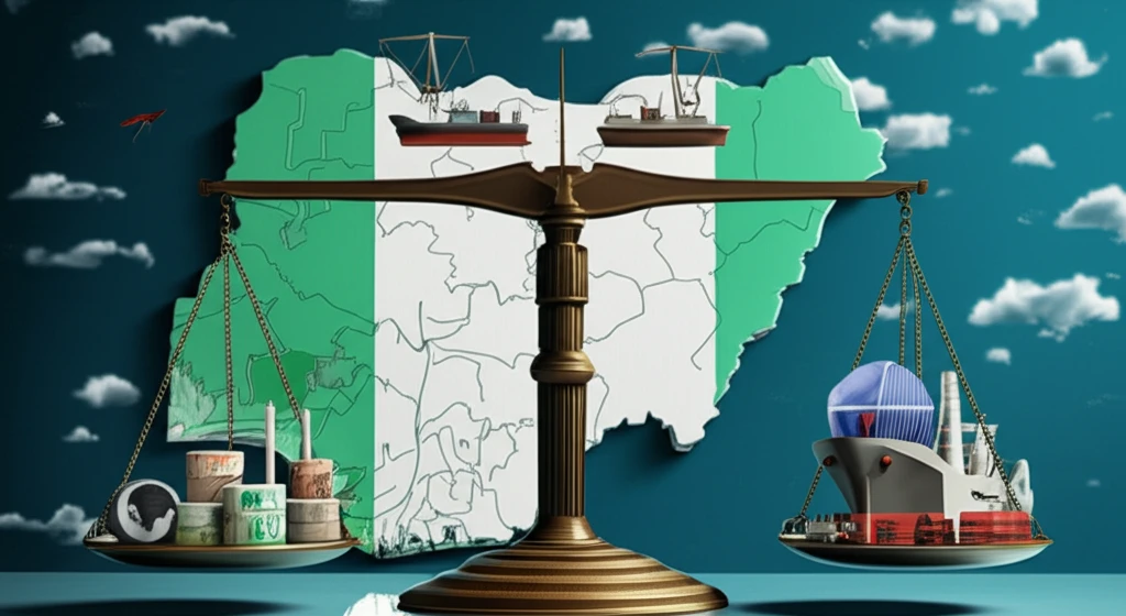 Scale balancing Naira and international trade symbols against a map of Nigeria