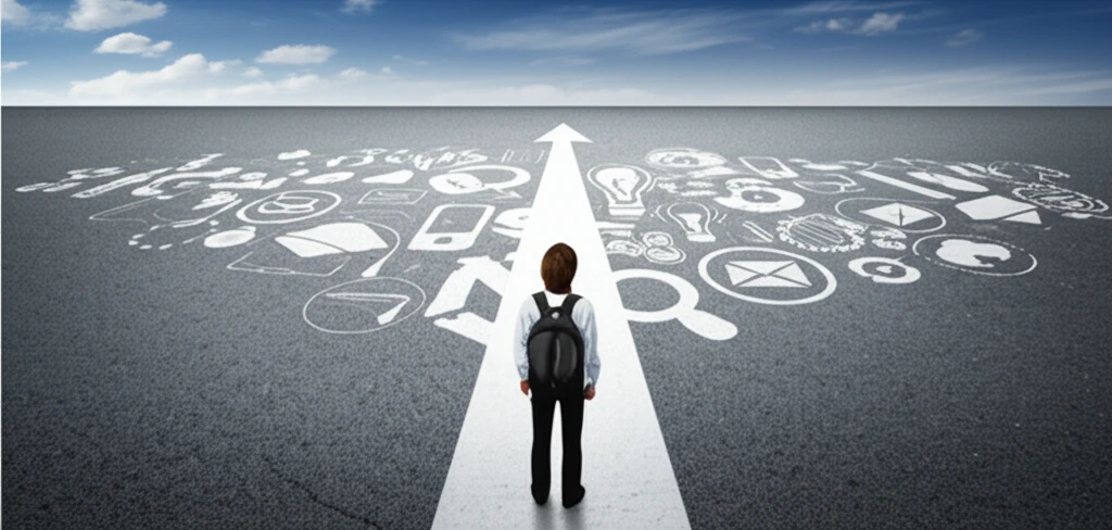 A student confidently steps onto a career path, symbolizing career exploration at community college.