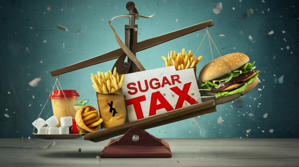 Balancing junk food and fresh produce on a weighing scale, symbolizing the sugar tax debate.