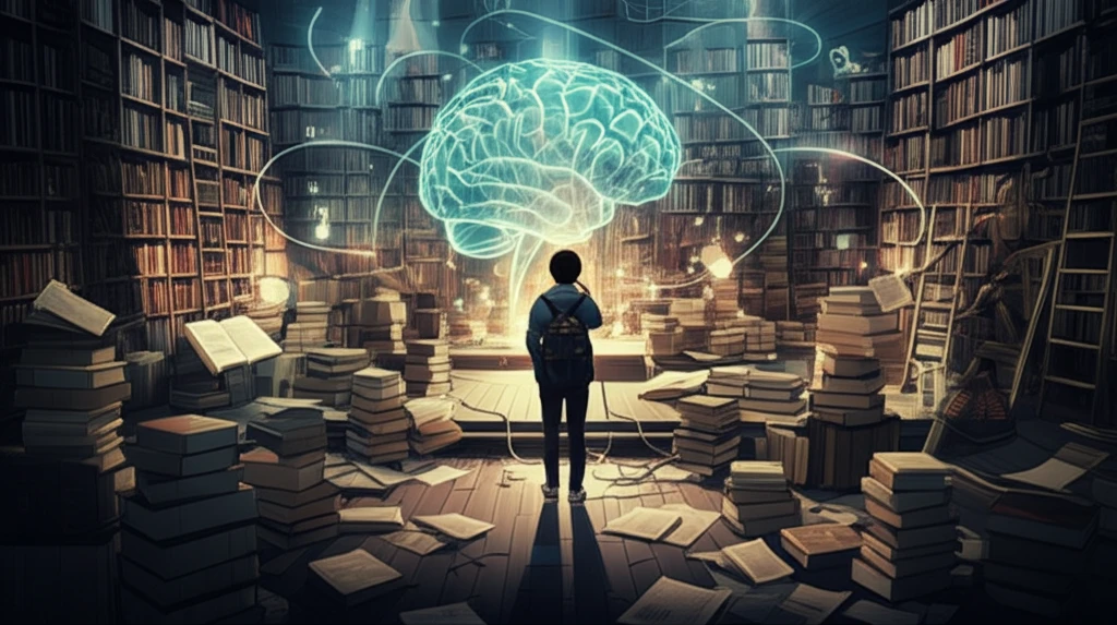 Student's mind visualized as an interconnected library, symbolizing critical thinking and learning.