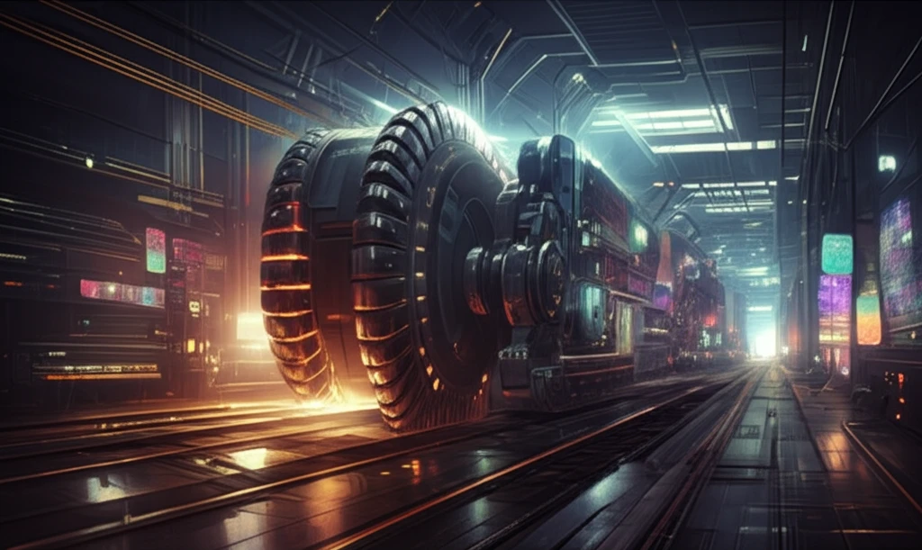 Futuristic coal mine with drum shearers and vibration analysis displays.