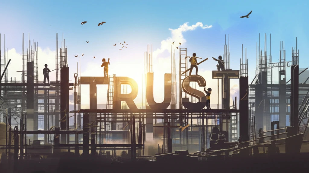 Construction workers symbolically rebuilding trust at a construction site.