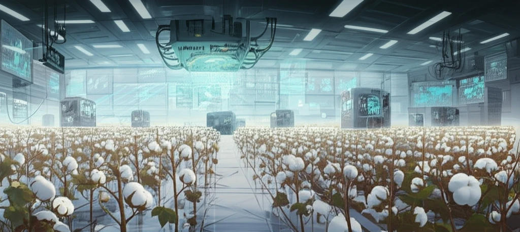 Surreal cotton field blending into a high-tech fiber analysis lab.