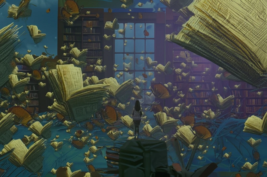 A person in a library where books turn into butterflies, symbolizing the transformative power of poetry.
