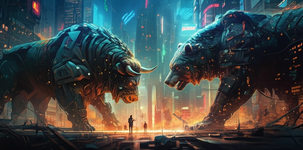 Stylized bull and bear facing each other in a vibrant cityscape representing emerging markets.