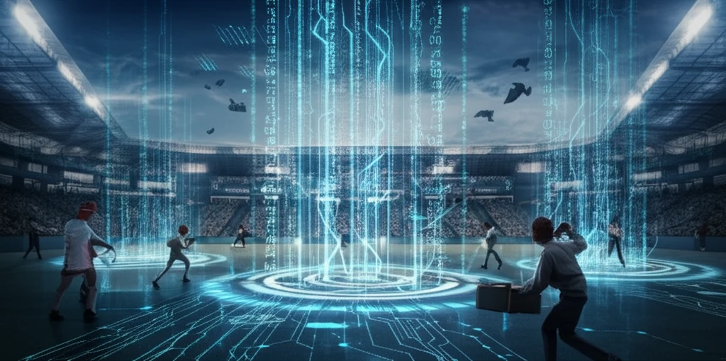 Digital illustration of a tennis stadium with glowing data streams, symbolizing fast trading and information flow in financial markets.
