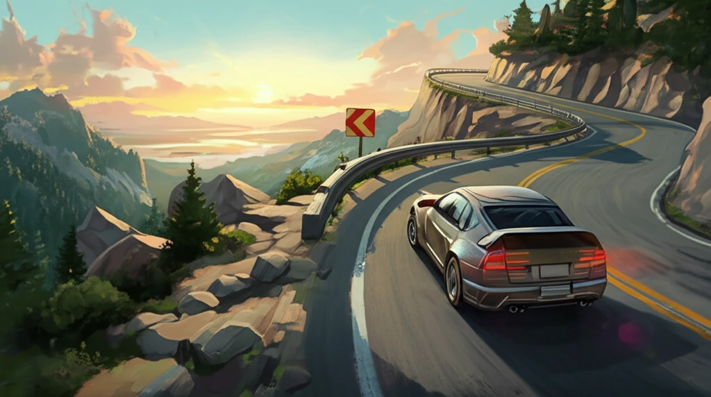 A car carefully driving down a winding mountain road at sunset.