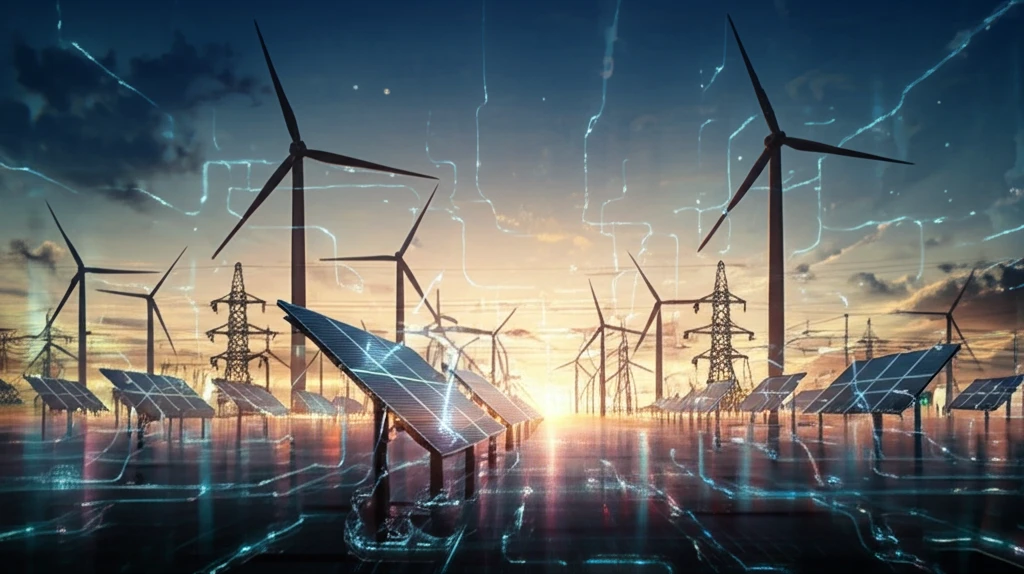 Futuristic power grid powered by renewable energy sources.