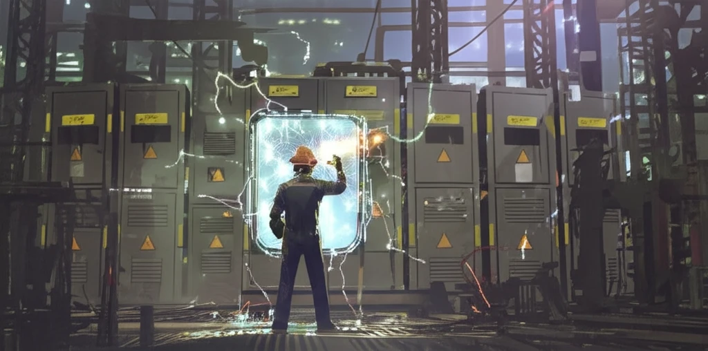 Worker protected from arc flash by energy shield.
