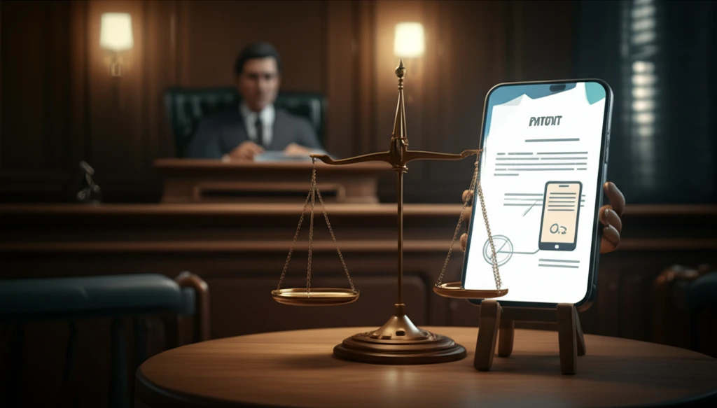 A courtroom scale balancing a smartphone and a patent document, symbolizing FRAND licensing.
