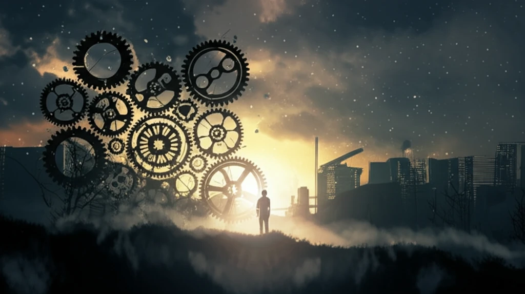Global development landscape with rising sun and interconnected gears representing governance and state capacity.