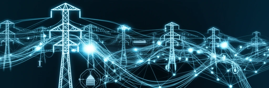Interconnected power grids with flowing energy and control loop overlays, symbolizing power grid stability and clean energy.