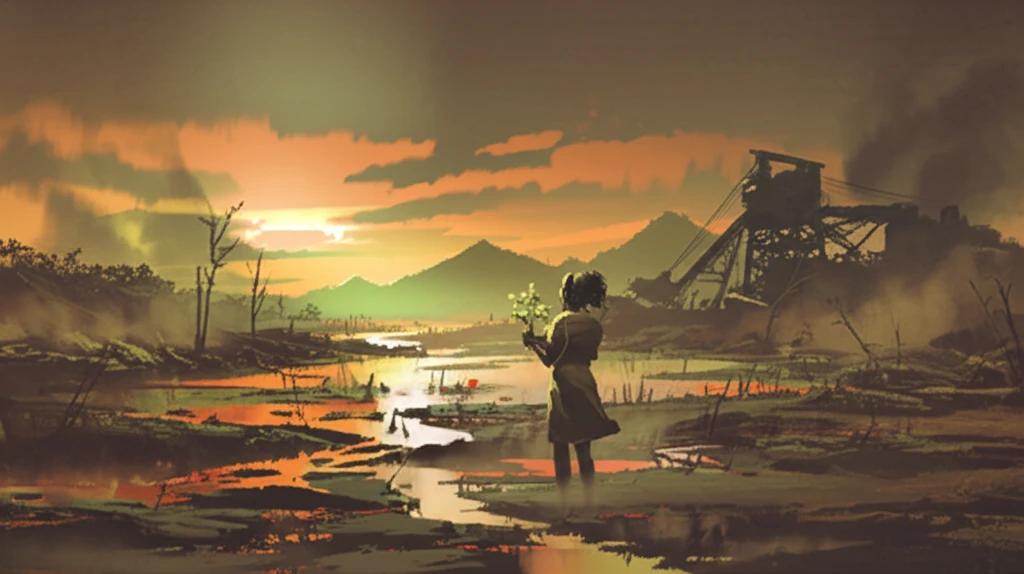 A surreal illustration of the Congolese Copperbelt, showing both environmental devastation and hope for renewal.