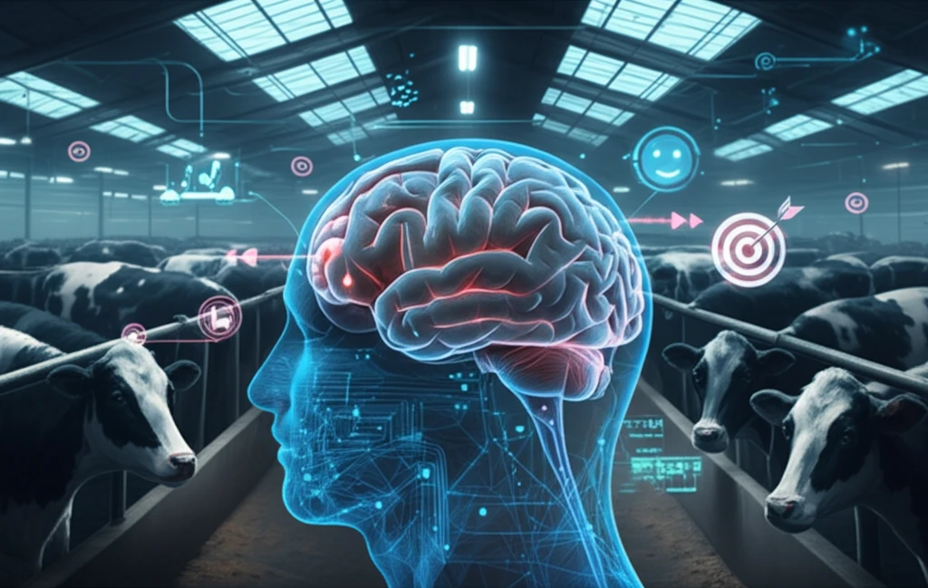 Organizational learning, job satisfaction, and market orientation visualized as interconnected elements in a futuristic dairy farm.