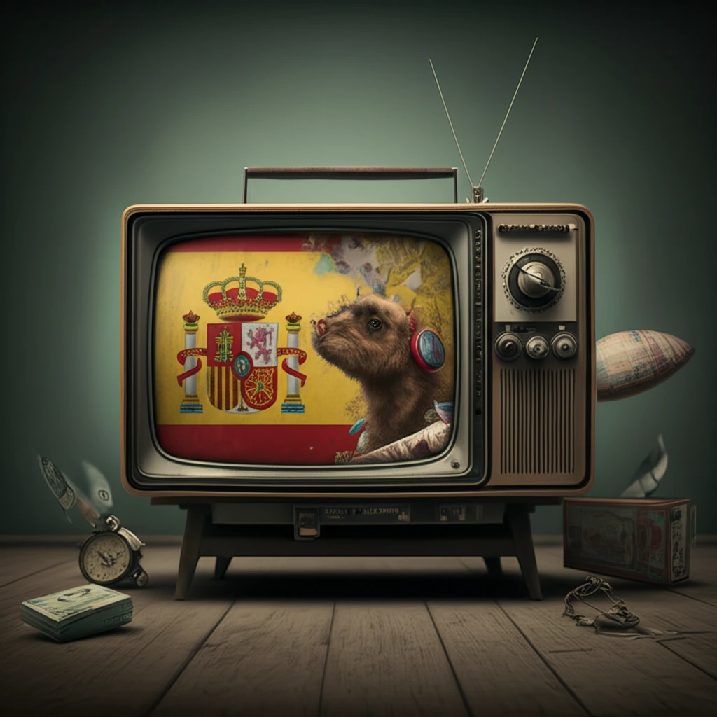 Vintage television displaying a mix of traditional Spanish imagery and modern global influences.