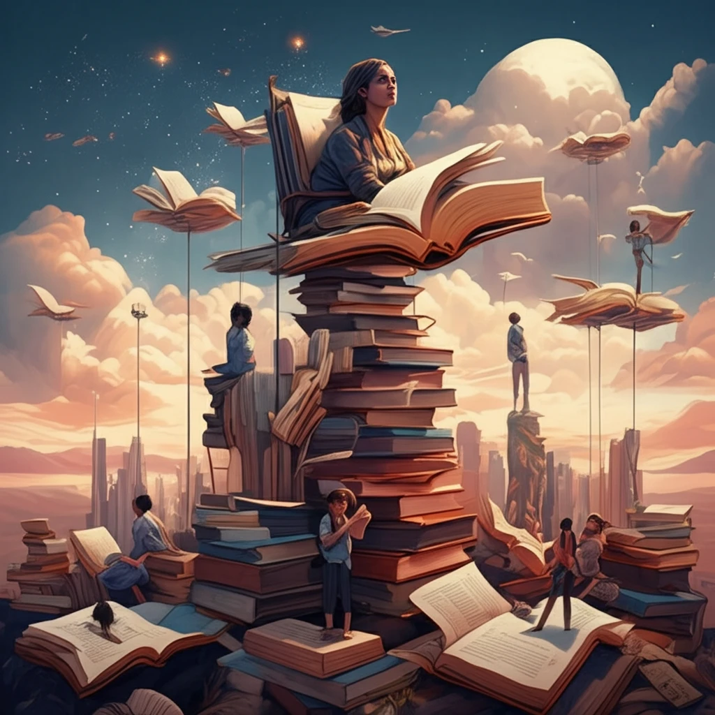 Diverse women building a utopian city in the clouds.