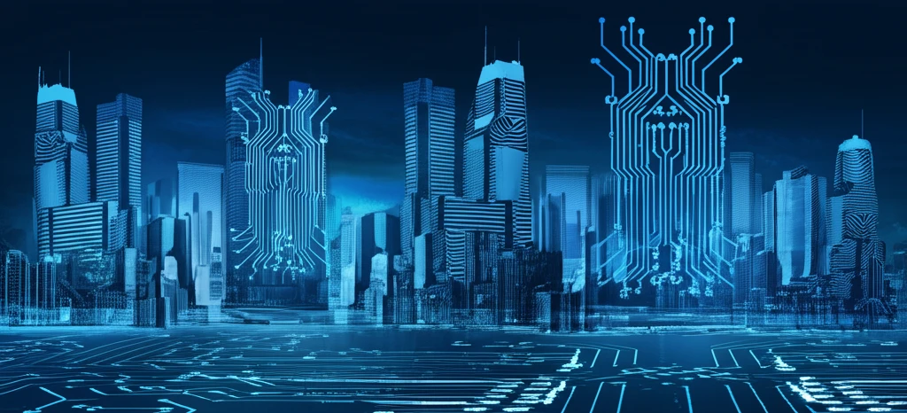 City skyline merging with a circuit board, symbolizing e-government.