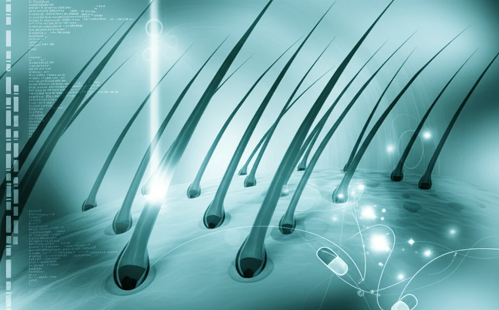 Abstract illustration of laser hair removal with medical data overlay.