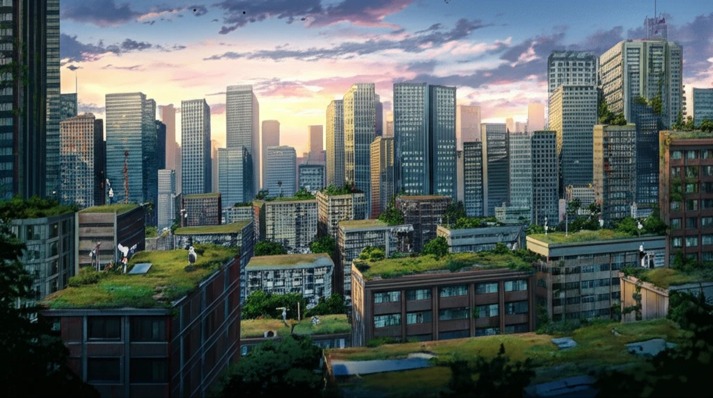 City skyline seamlessly merging with a vibrant green roof landscape.