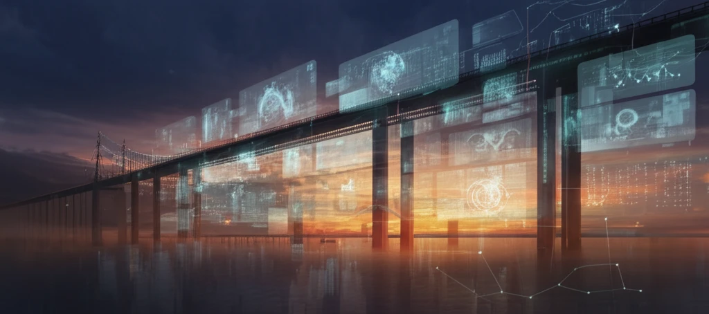 Futuristic bridge monitoring system with glowing sensors and data streams.
