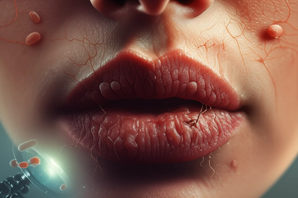 Illustration of lips affected by candidal cheilitis, showing inflammation and fungal colonies.