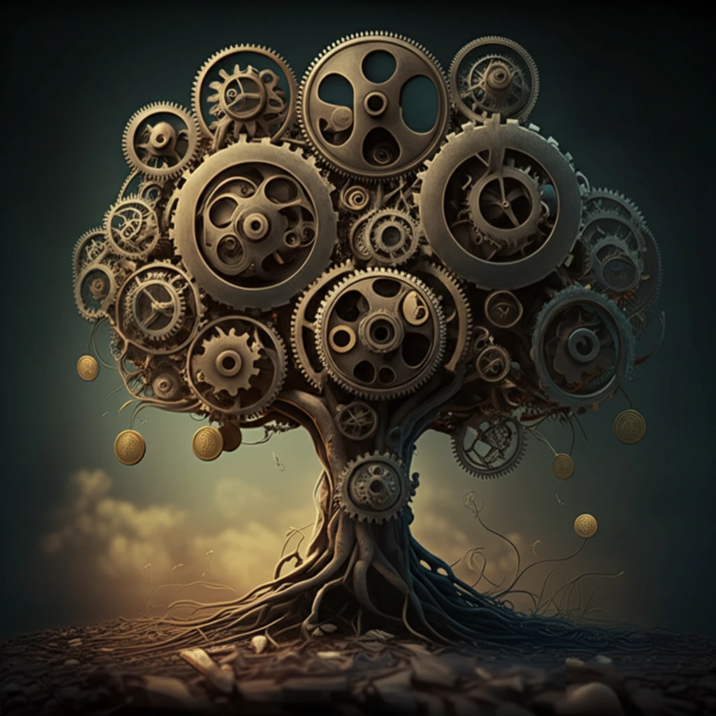 Interlocking gears forming a tree with coins as leaves.